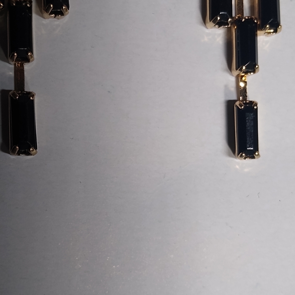 BLack baguette dangle post back earrings 4" long 3 strands gold plated E… - Picture 3 of 6